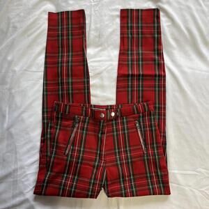 H&M red plaid slim fit pants decorative zippers US 4 punk alternative grunge